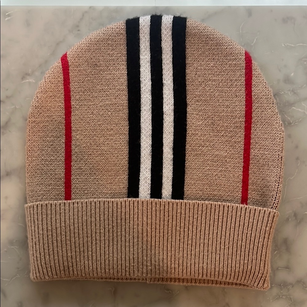 Burberry Tan Beanie with Red and Black Stripes